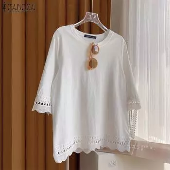 ZANZEA Женские повседневные свободные футболки с коротким рукавом и кружевом с круглым вырезом S чёрный