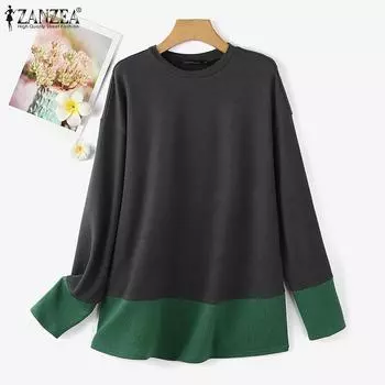 ZANZEA Женские повседневные свободные футболки с круглым вырезом и длинным рукавом контрастного цвета S оранжевый