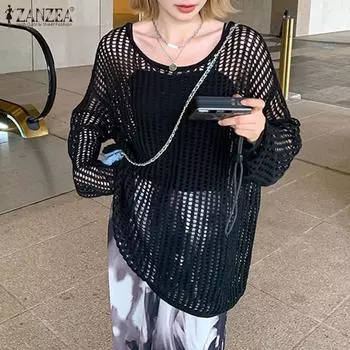 ZANZEA Женские повседневные свободные футболки с круглым вырезом и длинным рукавом S чёрный