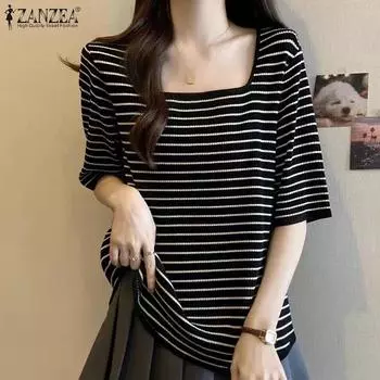 ZANZEA Женские повседневные свободные футболки в полоску с квадратным вырезом и половиной рукавов S белый