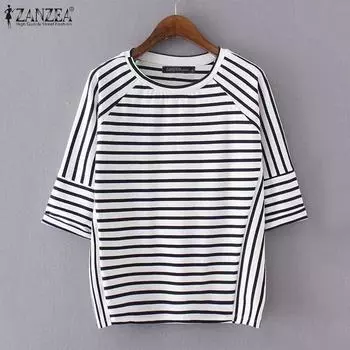 ZANZEA Женские повседневные свободные футболки в полоску с круглым вырезом и рукавами 3/4 S чёрный