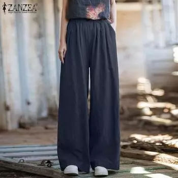 ZANZEA Женские повседневные свободные хлопковые брюки с эластичной резинкой на талии S бежевый