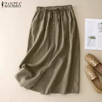 ZANZEA Женские повседневные свободные хлопковые юбки с эластичной резинкой на талии M темно-синий