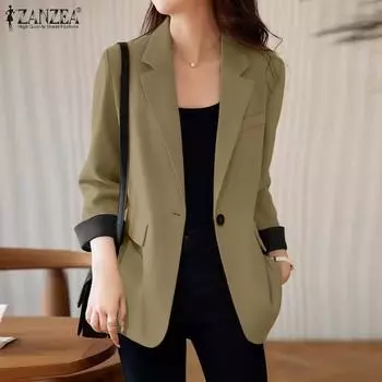 ZANZEA Женский повседневный отложной воротник с рукавом 3/4 Свободный кардиган Тонкая верхняя одежда S розовый