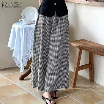 ZANZEA Женские повседневные свободные клетчатые брюки с эластичной резинкой на талии M чёрный