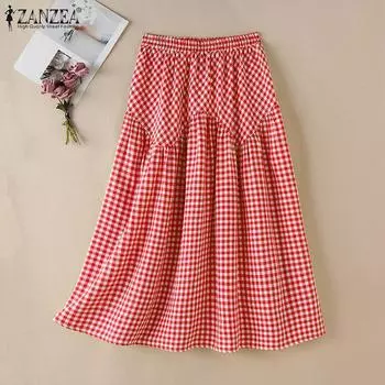 ZANZEA Женские повседневные свободные клетчатые длинные юбки с эластичной талией S чёрный