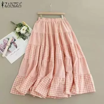 ZANZEA Женские повседневные свободные клетчатые юбки с эластичной талией L бежевый