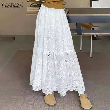 ZANZEA Женские повседневные свободные кружевные длинные юбки с эластичной талией S белый