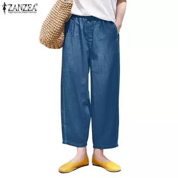 ZANZEA Женские повседневные свободные летние брюки с эластичной резинкой на талии S темно-синий