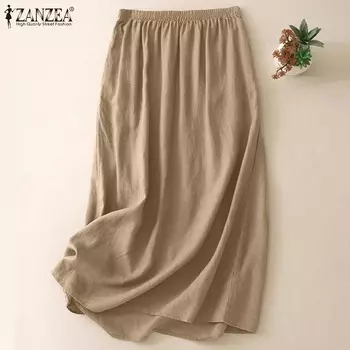 ZANZEA женские повседневные свободные летние хлопковые юбки с эластичной резинкой на талии S бежевый