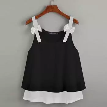 ZANZEA Женские повседневные свободные майки без рукавов контрастного цвета на подтяжках 4XL чёрный