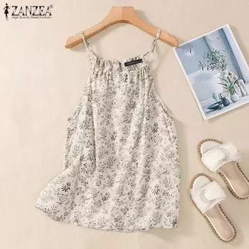 ZANZEA Женские повседневные свободные майки без рукавов с цветочным принтом и круглым вырезом 5XL бежевый