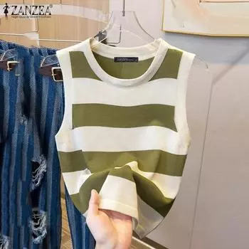 ZANZEA Женские повседневные свободные майки без рукавов с круглым вырезом и полосатым принтом 4XL чёрный