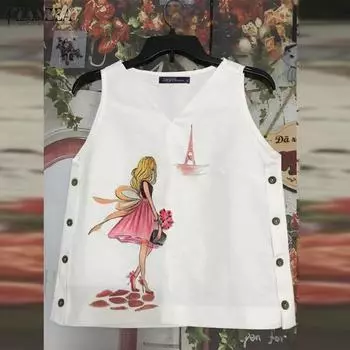 ZANZEA Женские повседневные майки без рукавов с V-образным вырезом и принтом на пуговицах 3XL чёрный