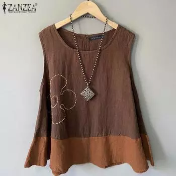 ZANZEA Женские повседневные свободные майки без рукавов с круглым вырезом и вышивкой M коричневый