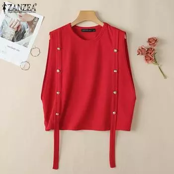 ZANZEA Женские повседневные свободные майки без рукавов с круглым вырезом S красный