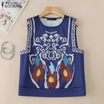 ZANZEA Женские повседневные свободные майки без рукавов с круглым вырезом и принтом 3XL синий