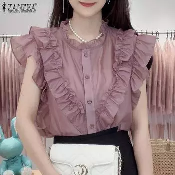 ZANZEA Женские повседневные свободные майки с круглым вырезом и оборками без рукавов однотонные S белый