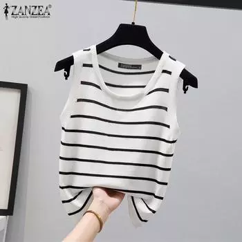 ZANZEA Женские повседневные свободные майки с круглым вырезом без рукавов в полоску S чёрный