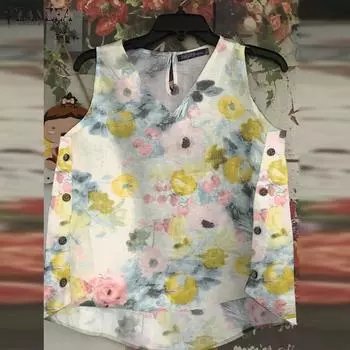 ZANZEA Женские повседневные свободные майки с V-образным вырезом и цветочным принтом без рукавов 4XL жёлтый