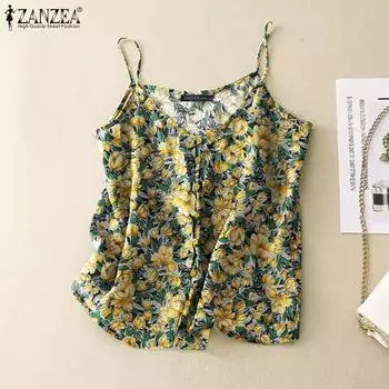 ZANZEA Женские повседневные свободные майки с V-образным вырезом и цветочным принтом без рукавов S красный