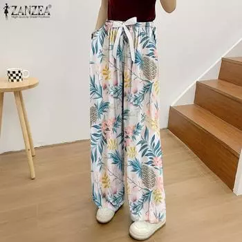 ZANZEA Женские повседневные свободные пижамные брюки с эластичной резинкой на талии и цветочным принтом M чёрный