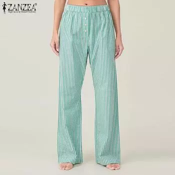 ZANZEA Женские повседневные полосатые свободные пижамные брюки с эластичной талией и широкими штанинами M чёрный