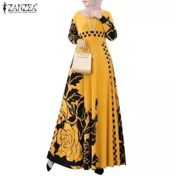 ZANZEA Женские повседневные свободные платья с длинным рукавом и круглым вырезом в стиле ретро с принтом L жёлтый
