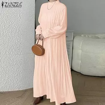 ZANZEA Женские повседневные свободные плиссированные длинные платья с воротником-стойкой XL чёрный