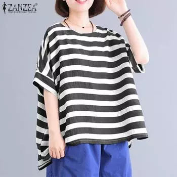 ZANZEA Женские повседневные свободные полосатые футболки с коротким рукавом и круглым вырезом M чёрный