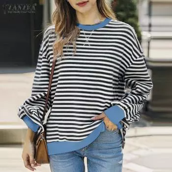 ZANZEA Женские повседневные свободные полосатые свитера с длинным рукавом S чёрный