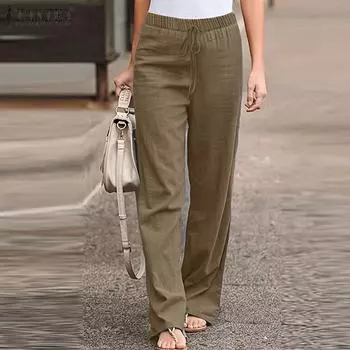 ZANZEA Женские повседневные свободные прямые брюки с эластичной резинкой на талии S зелёный