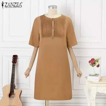 ZANZEA Женские повседневные свободные прямые платья с круглым вырезом и половиной рукавов в полоску на пуговицах S темно-синий