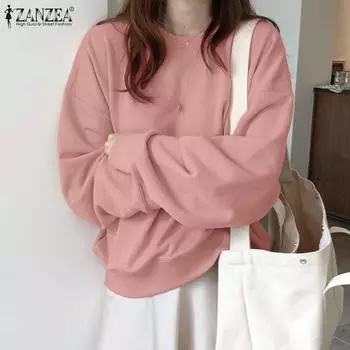 ZANZEA Женские повседневные свободные пуловеры с круглым вырезом и длинными рукавами