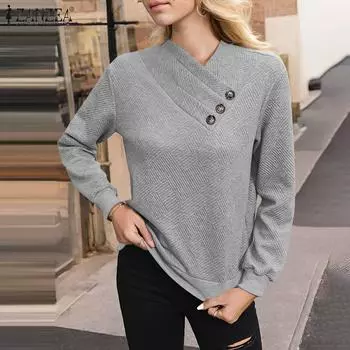 ZANZEA Женские повседневные свободные пуловеры с V-образным вырезом и длинным рукавом S темно-синий