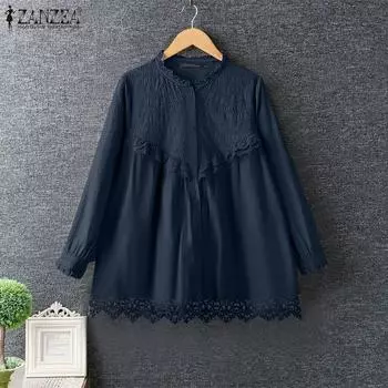 ZANZEA Женские повседневные свободные рубашки с круглым вырезом и длинным рукавом S розовый