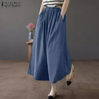 ZANZEA Женские повседневные свободные широкие брюки с эластичной резинкой на талии S чёрный