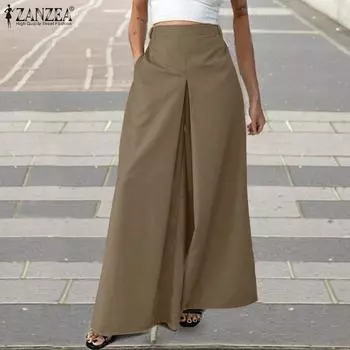 ZANZEA Женские повседневные свободные широкие брюки с эластичной резинкой на талии 2XL бежевый