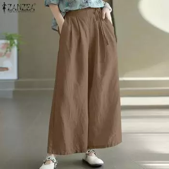 ZANZEA Женские повседневные свободные широкие брюки с эластичной резинкой на талии S темно-синий