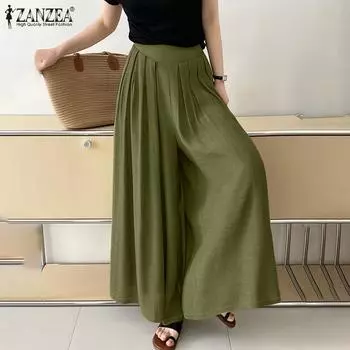 ZANZEA Женские повседневные свободные широкие брюки с эластичной резинкой на талии S зелёный