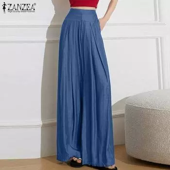 ZANZEA Женские повседневные свободные широкие брюки с эластичной резинкой на талии 2XL темно-синий