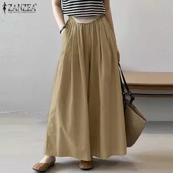 ZANZEA Женские повседневные свободные широкие брюки с эластичной резинкой на талии M серый