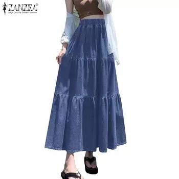 ZANZEA женские повседневные свободные синие джинсовые длинные юбки с эластичной талией S светло-синий