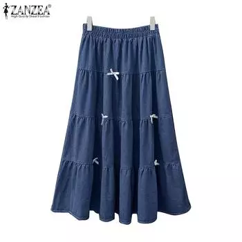 ZANZEA Женские повседневные свободные синие джинсовые длинные юбки с эластичной талией M синий