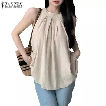 ZANZEA Женские повседневные свободные топы без рукавов с круглым вырезом и открытыми плечами XL бежевый