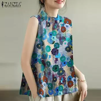 ZANZEA Женские повседневные майки без рукавов с круглым вырезом и свободным принтом 5XL зелёный