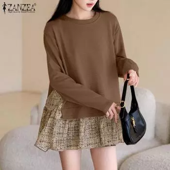 ZANZEA Женские повседневные свободные топы с длинным рукавом в стиле пэчворк S чёрный