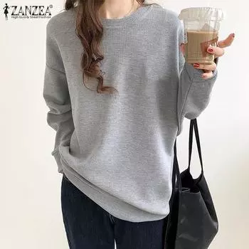 ZANZEA Женские повседневные свободные топы с длинным рукавом и круглым вырезом S чёрный