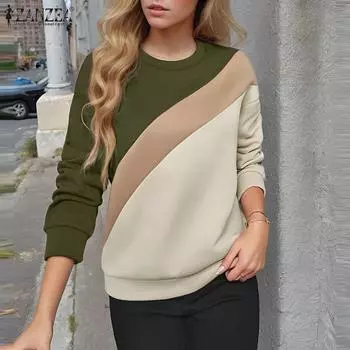 ZANZEA Женские повседневные свободные топы с длинным рукавом в стиле пэчворк S темно-зеленого