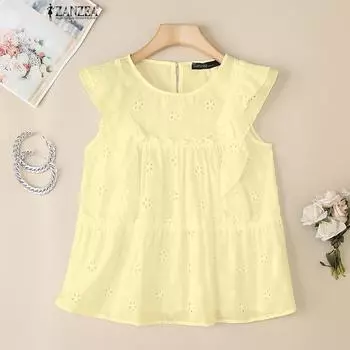 ZANZEA Женские повседневные свободные топы с круглым вырезом без рукавов, вязаные крючком M темно-зеленого